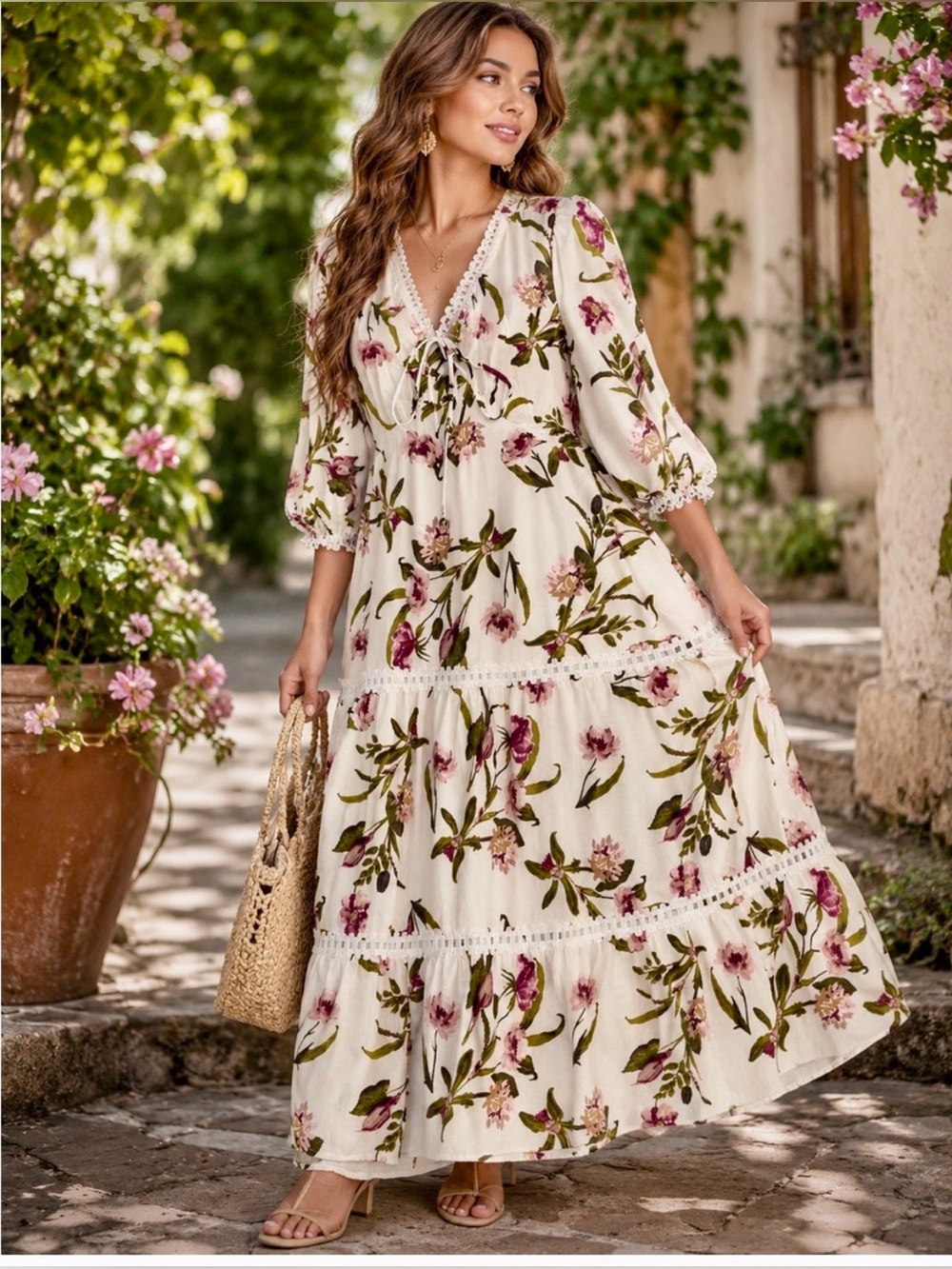 Calypso St. Barth White Maxi Dress with Pink & Green Floral Print (Size L) $495